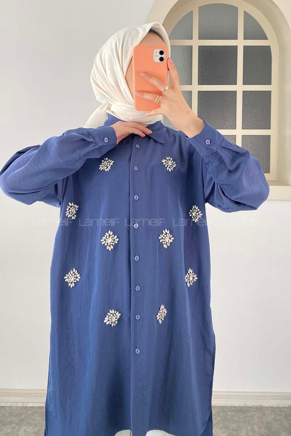 Modalamelif Önü Kristal Taş  Model Tunik Lacivert