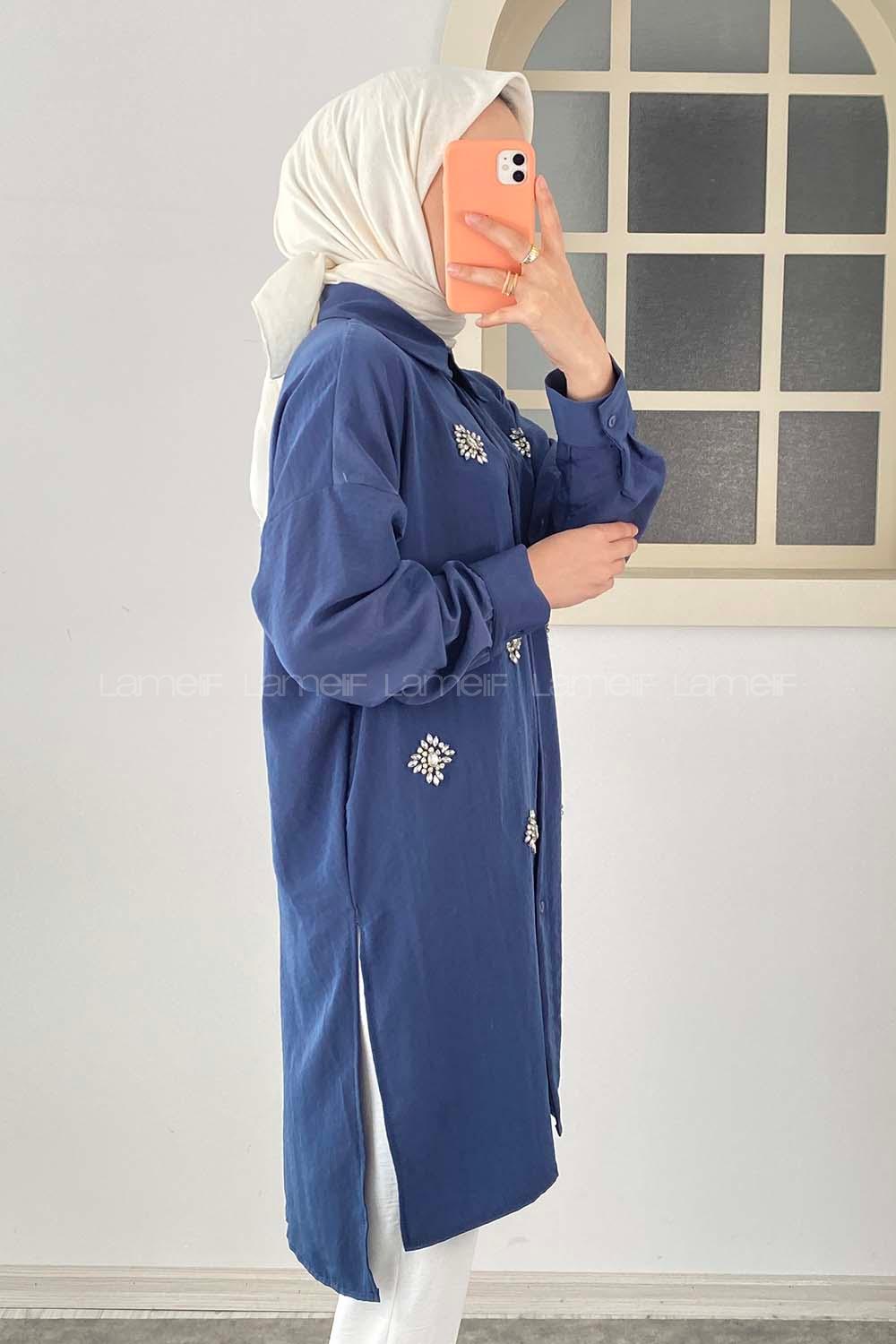 Modalamelif Önü Kristal Taş  Model Tunik Lacivert