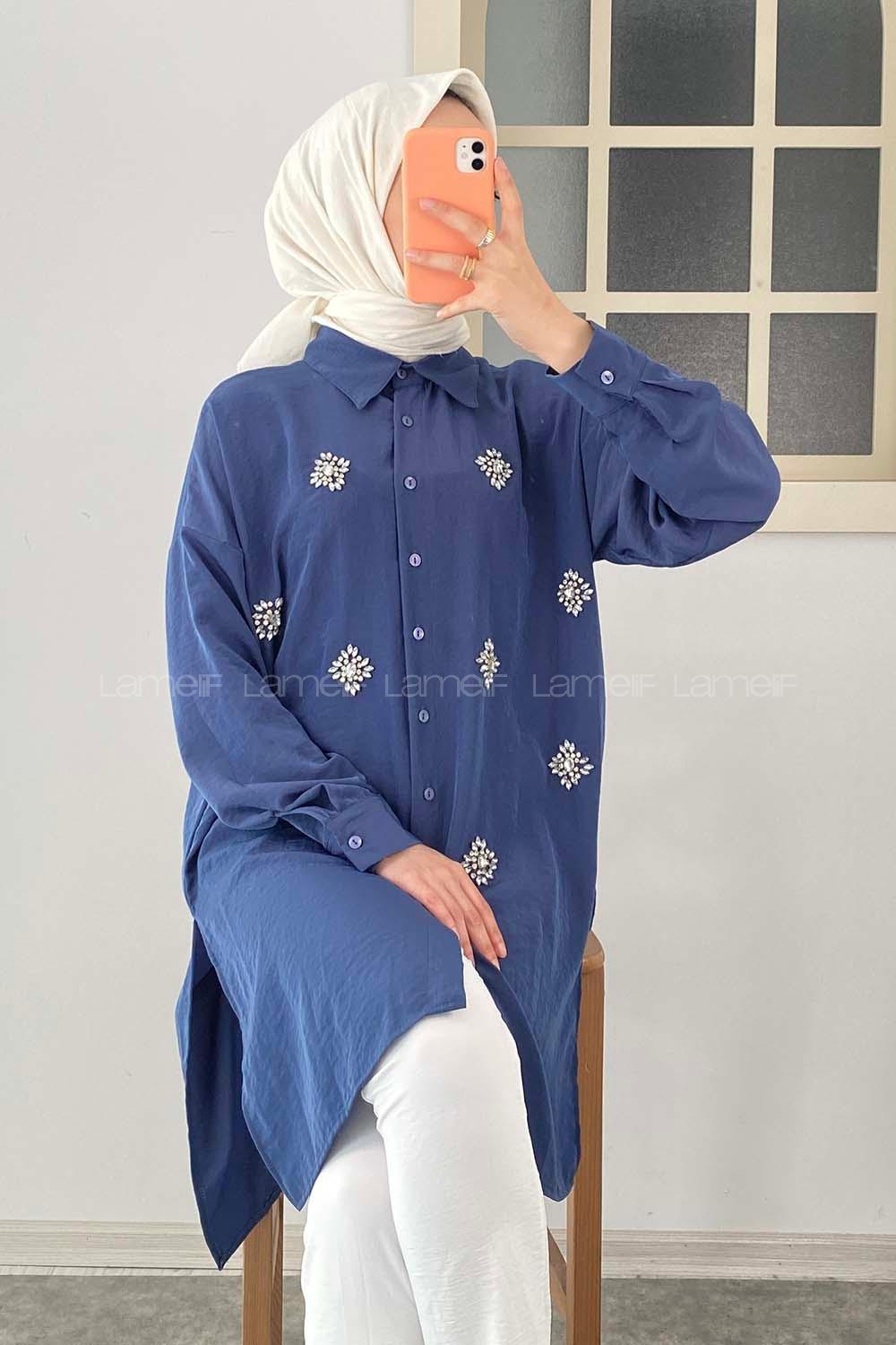 Modalamelif Önü Kristal Taş  Model Tunik Lacivert