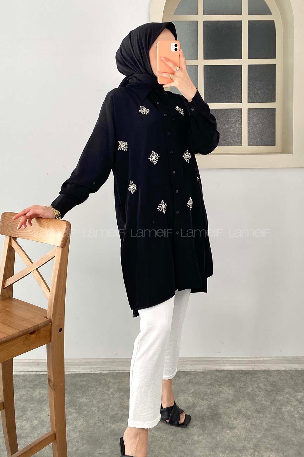 Modalamelif Önü Kristal Taş  Model Tunik Siyah