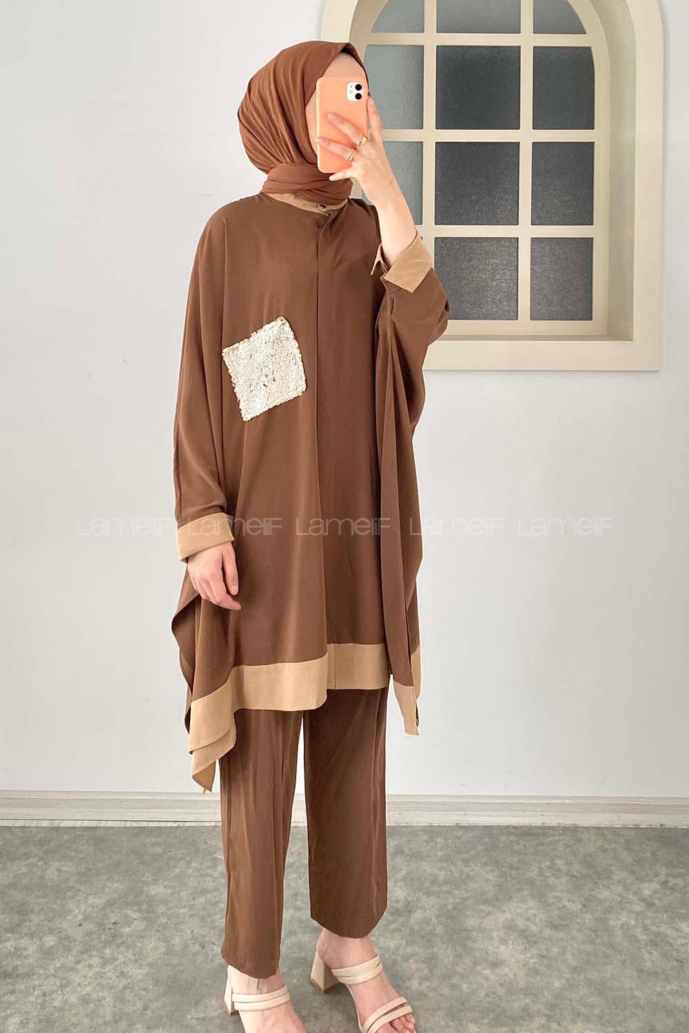 Modalamelif Yarasa Kol Önü Gizli Düğmeli Pul Detaylı İkili Takım Acı Kahve