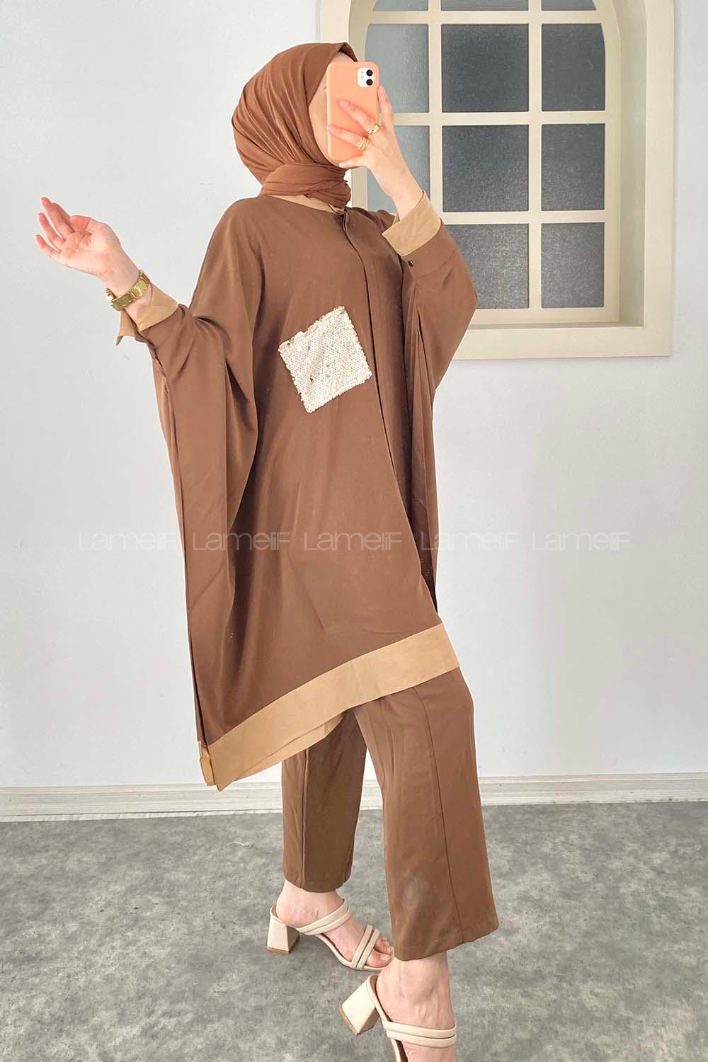 Modalamelif Yarasa Kol Önü Gizli Düğmeli Pul Detaylı İkili Takım Acı Kahve