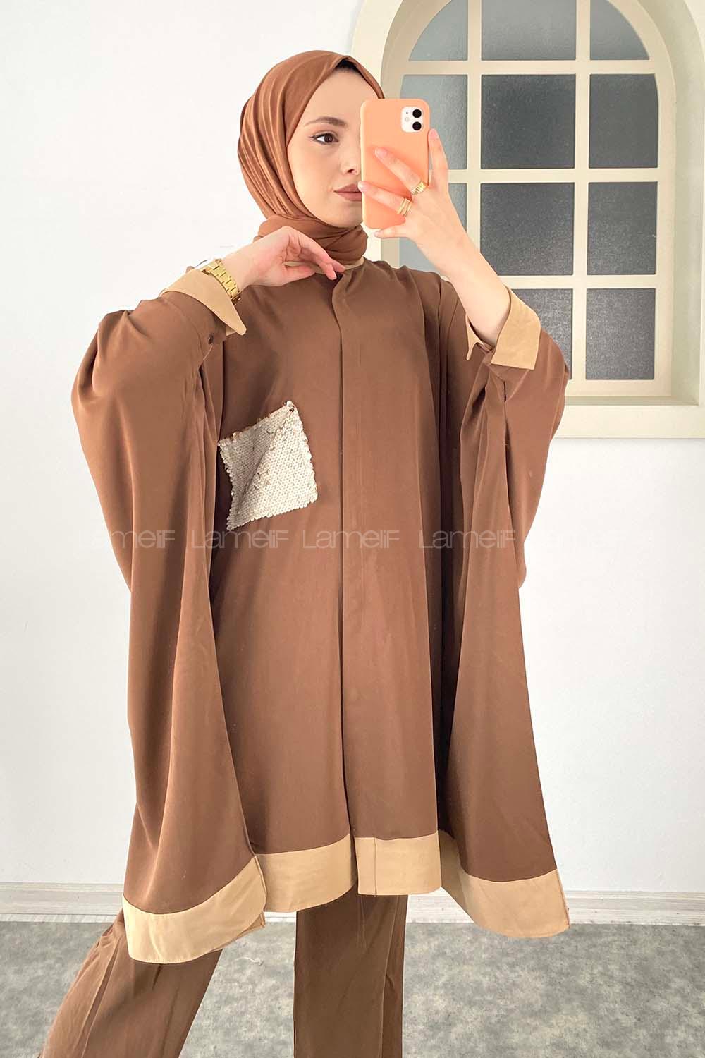 Modalamelif Yarasa Kol Önü Gizli Düğmeli Pul Detaylı İkili Takım Acı Kahve