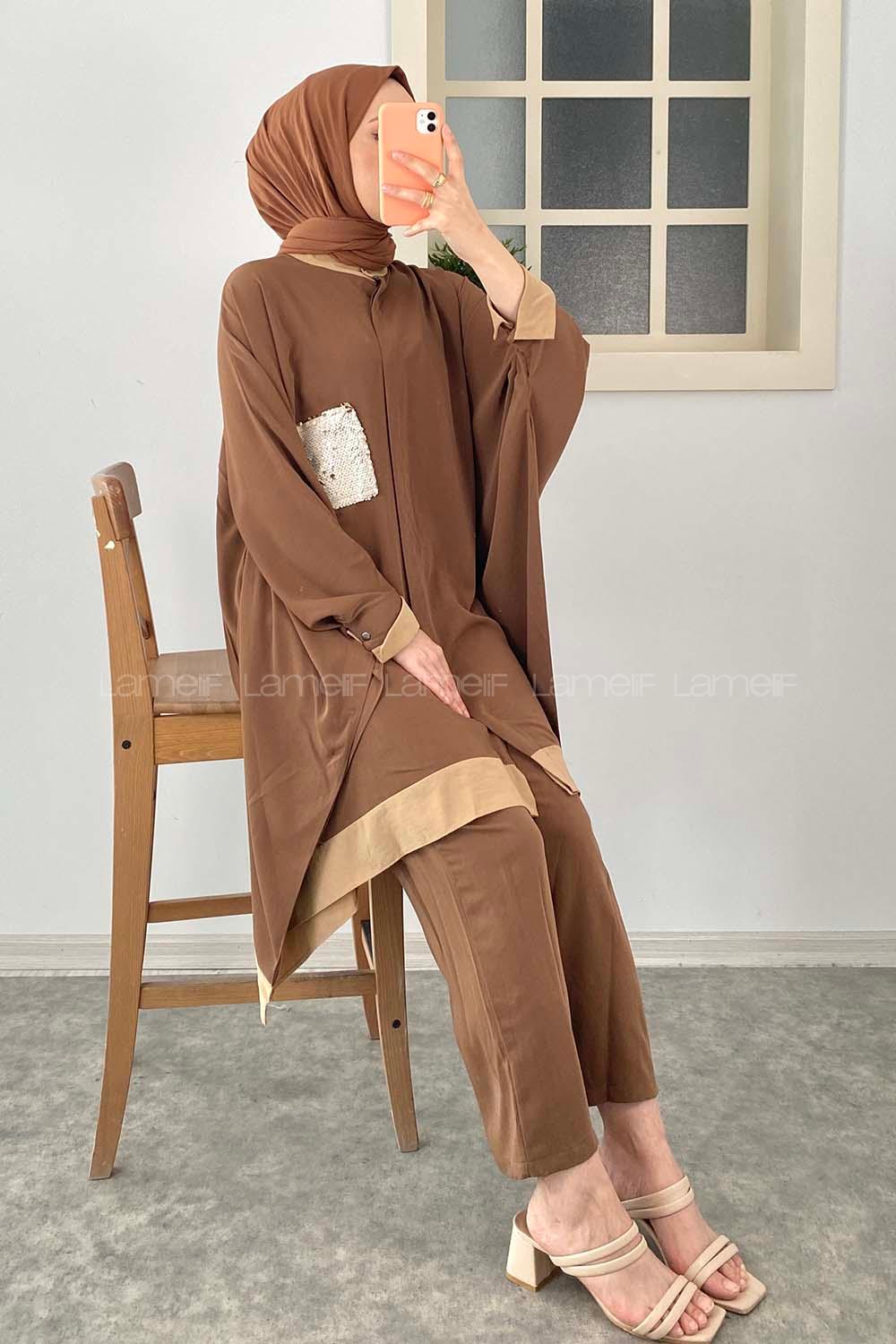 Modalamelif Yarasa Kol Önü Gizli Düğmeli Pul Detaylı İkili Takım Acı Kahve