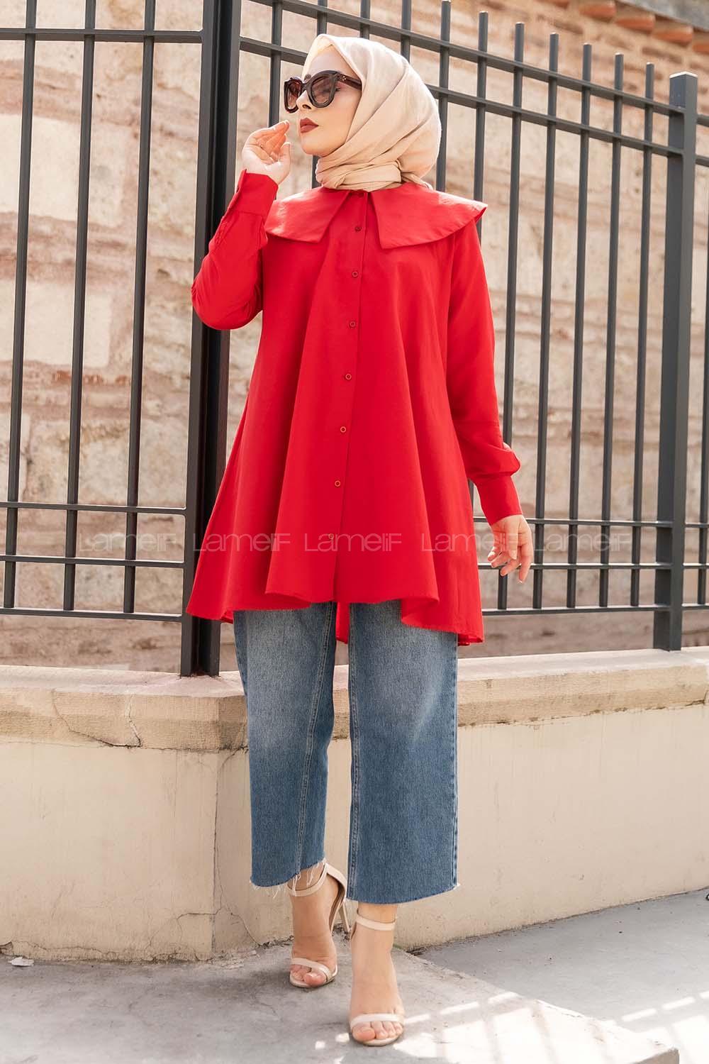 Modalamelif Önü Düğmeli Yaka Detaylı Tunik Kırmızı