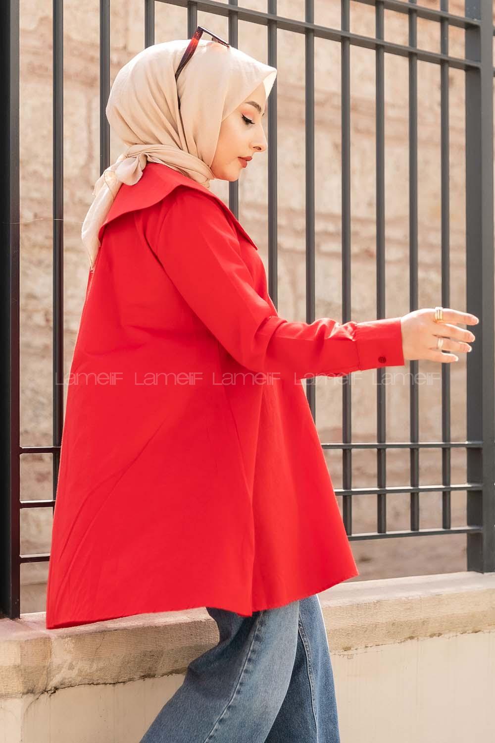 Modalamelif Önü Düğmeli Yaka Detaylı Tunik Kırmızı