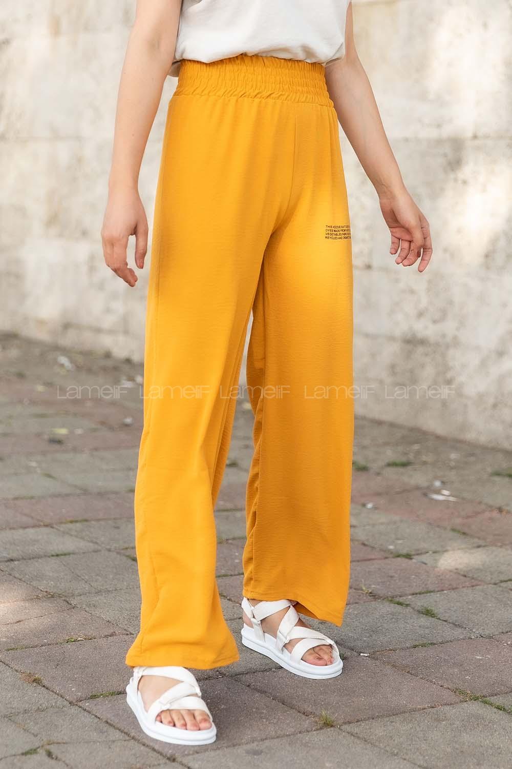 Modalamelif Bel Lastikli Yazı Baskılı Bol Paça Eşofman Hardal