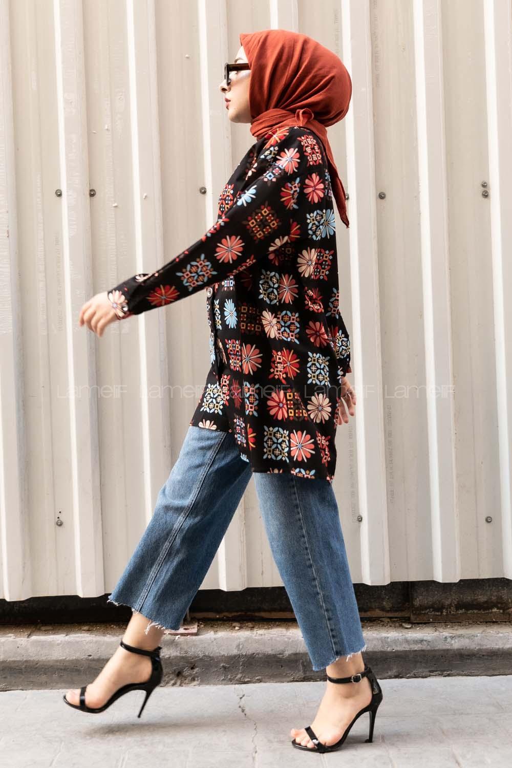 Modalamelif Çiçek Desen Baskılı Gömlek Siyah