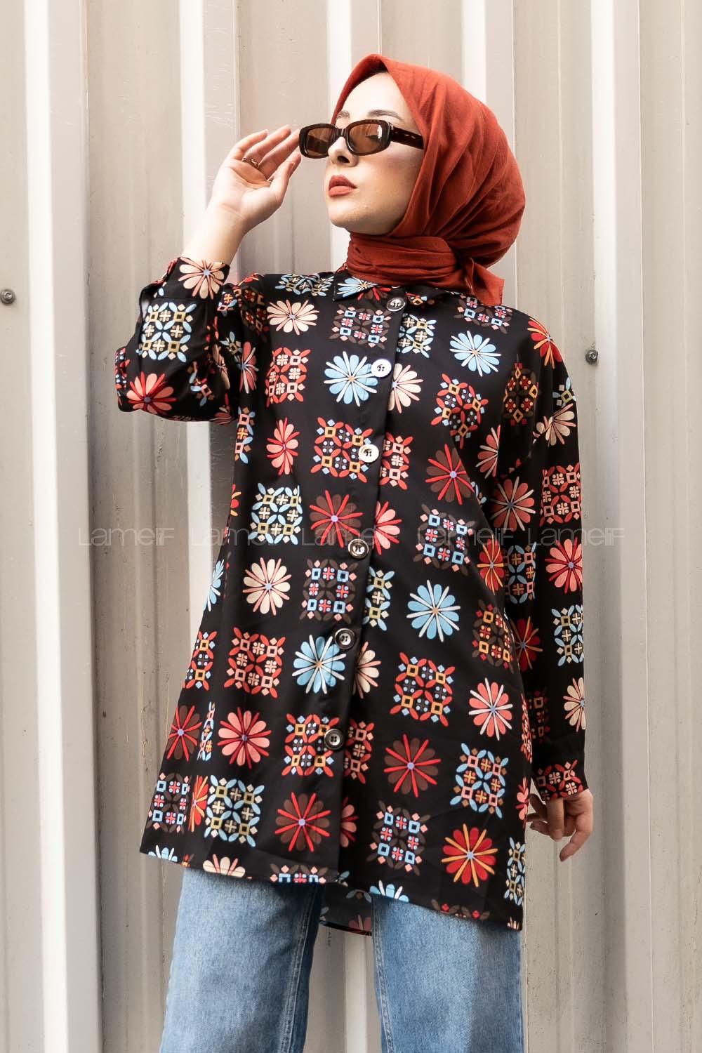 Modalamelif Çiçek Desen Baskılı Gömlek Siyah