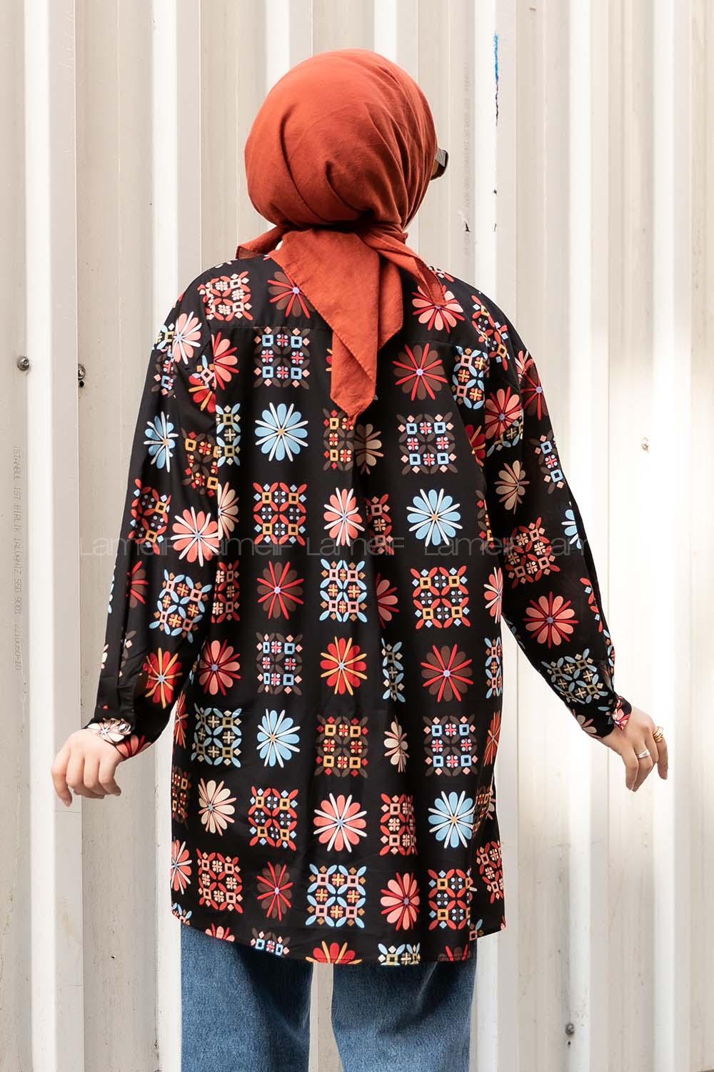 Modalamelif Çiçek Desen Baskılı Gömlek Siyah