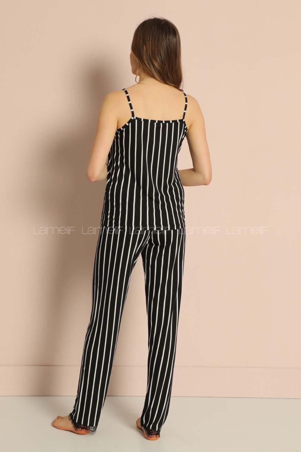 Modalamelif Çizgili Askılı Pijama Takımı Siyah