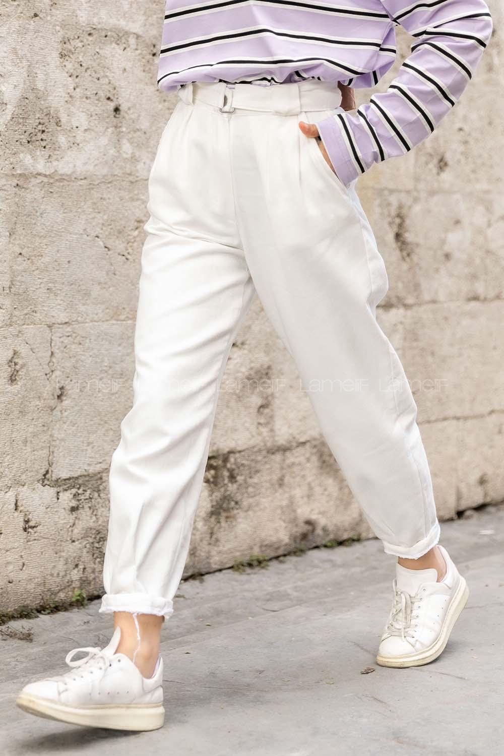 Modalamelif Duble Paça Beli Kemer Detaylı Pantolon Ekru