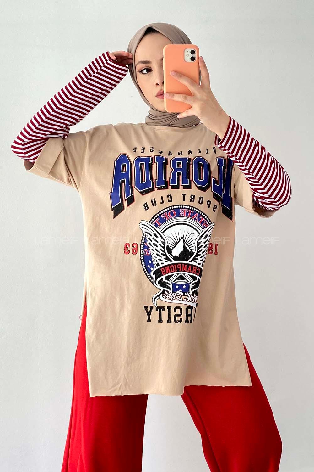 Modalamelif  Florida Baskılı Bisiklet Yaka T-Shirt Sütlü Kahve