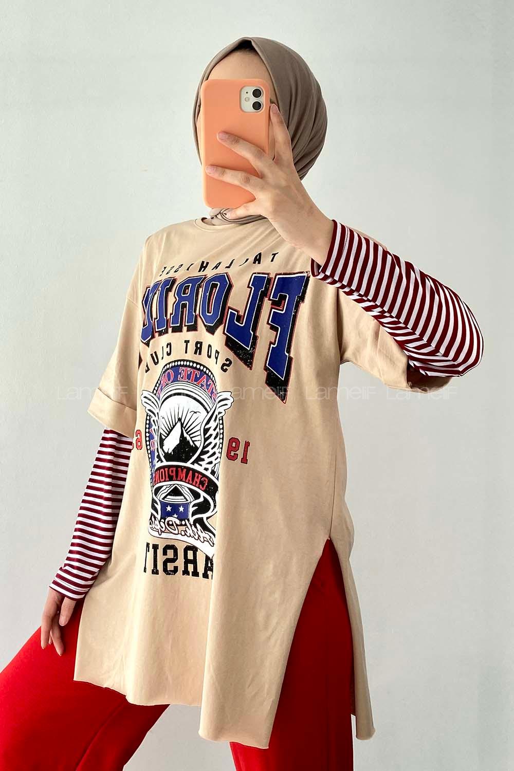 Modalamelif  Florida Baskılı Bisiklet Yaka T-Shirt Sütlü Kahve