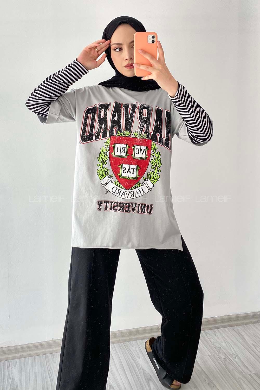 Modalamelif  Harvard Baskılı Bisiklet Yaka T-Shirt Gri