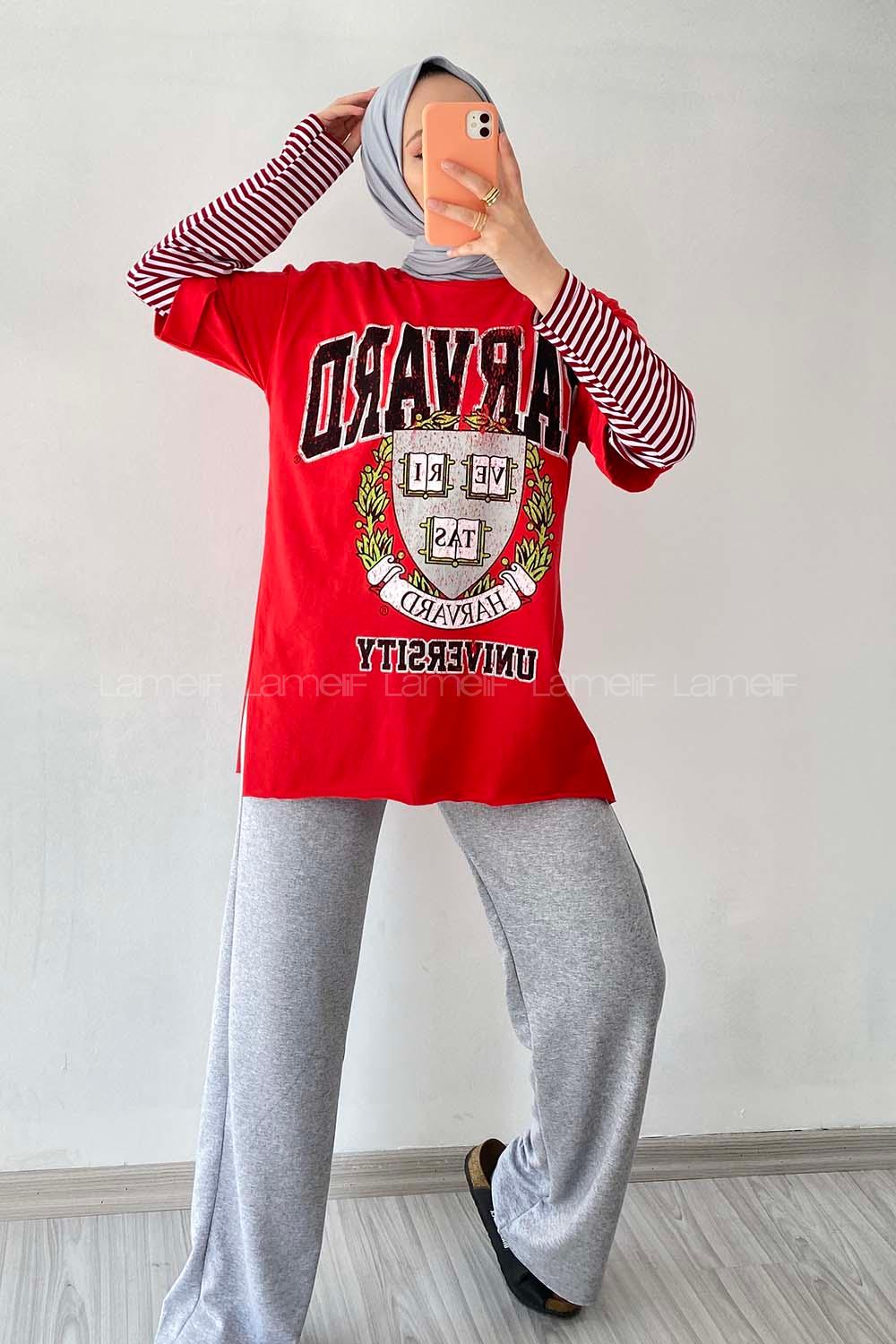 Modalamelif  Harvard Baskılı Bisiklet Yaka T-Shirt Kırmızı