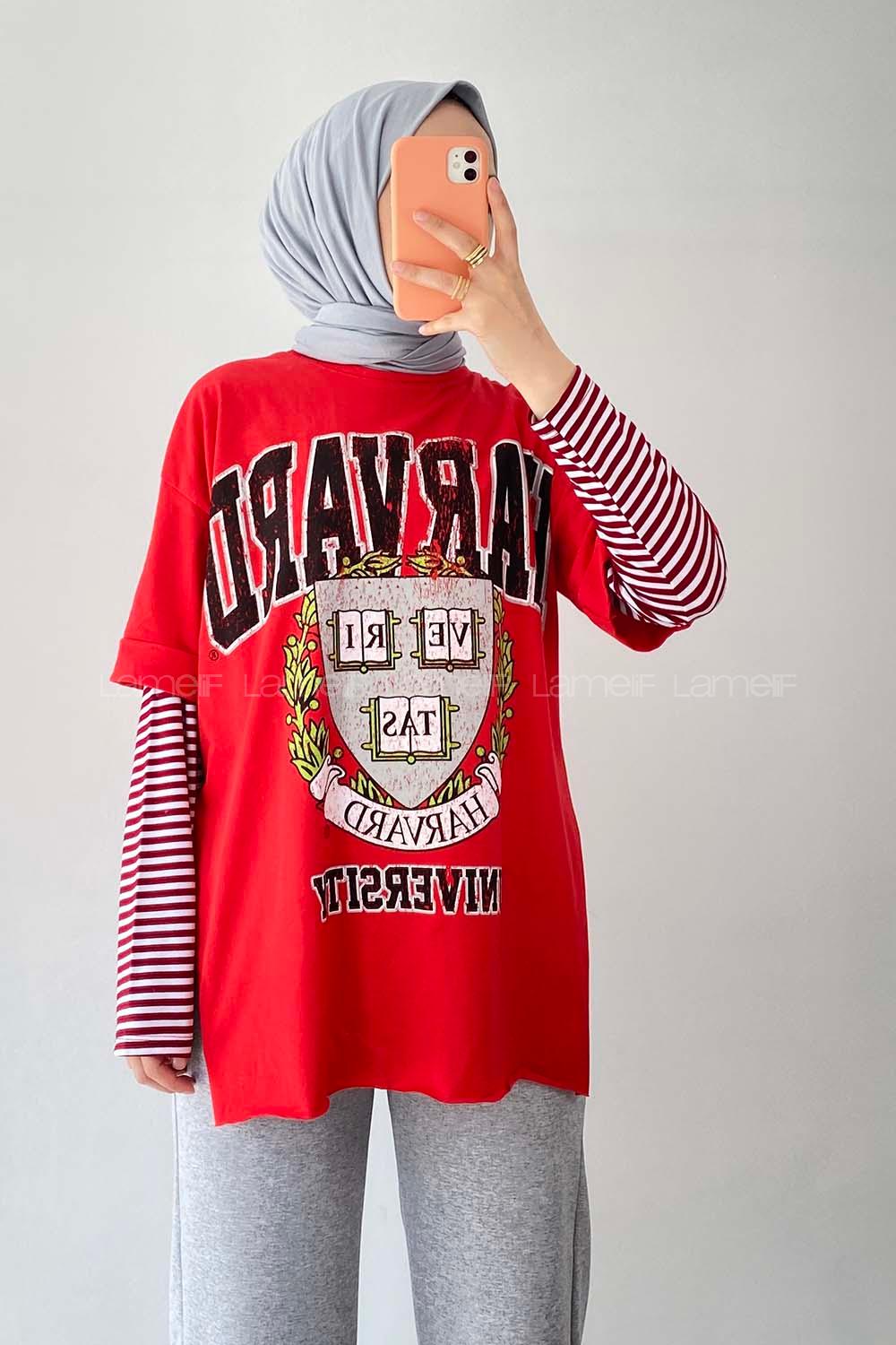 Modalamelif  Harvard Baskılı Bisiklet Yaka T-Shirt Kırmızı