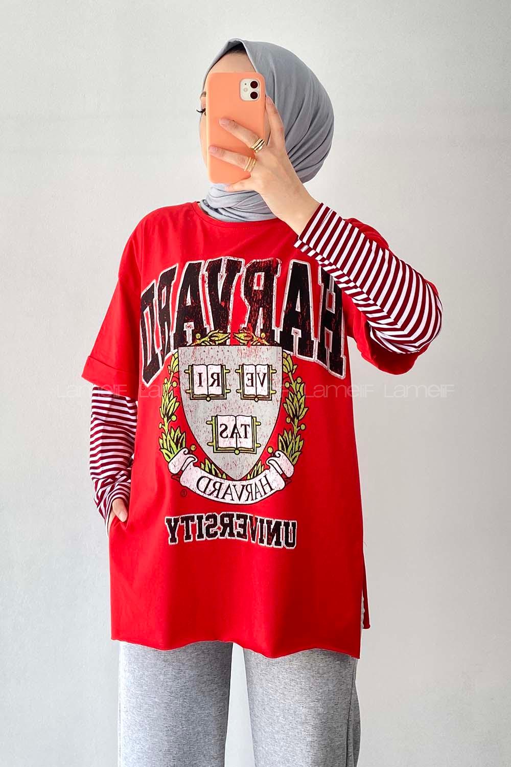 Modalamelif  Harvard Baskılı Bisiklet Yaka T-Shirt Kırmızı