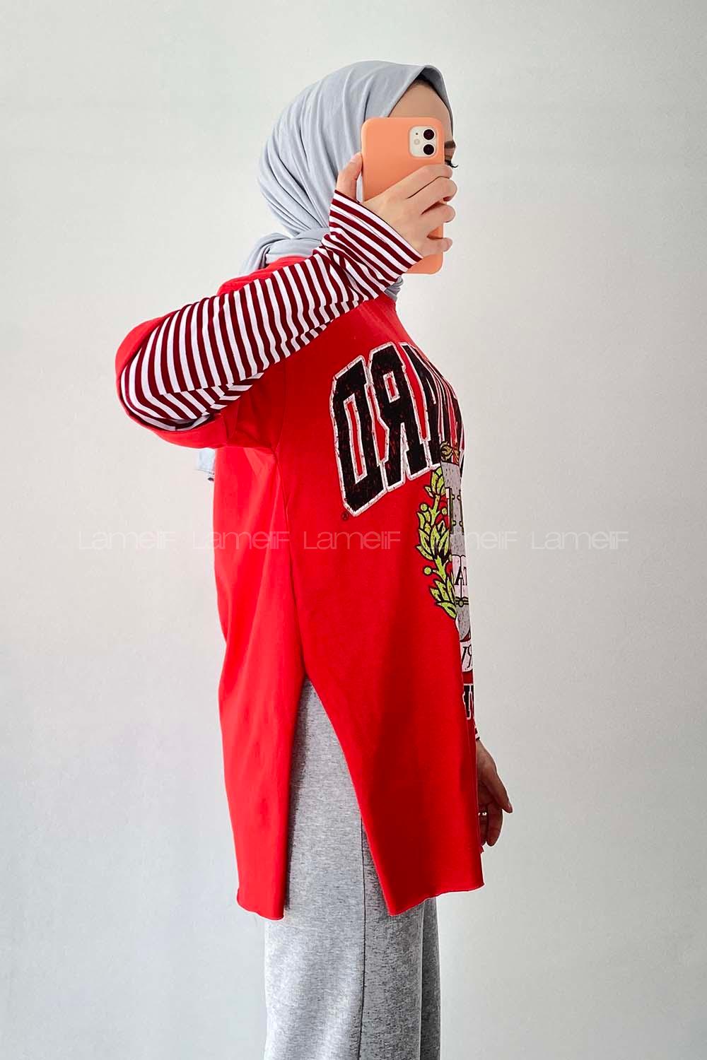 Modalamelif  Harvard Baskılı Bisiklet Yaka T-Shirt Kırmızı