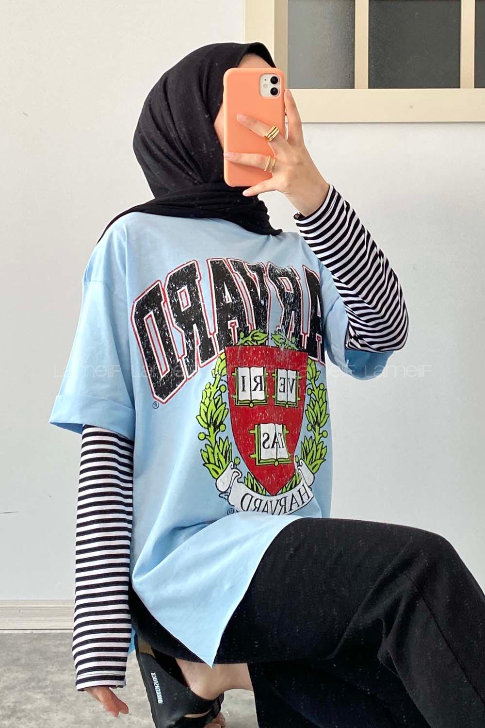 Modalamelif  Harvard Baskılı Bisiklet Yaka T-Shirt Mavi