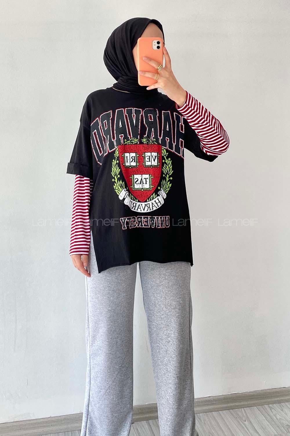 Modalamelif  Harvard Baskılı Bisiklet Yaka T-Shirt Siyah