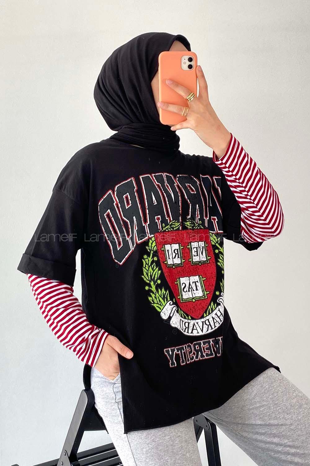 Modalamelif  Harvard Baskılı Bisiklet Yaka T-Shirt Siyah