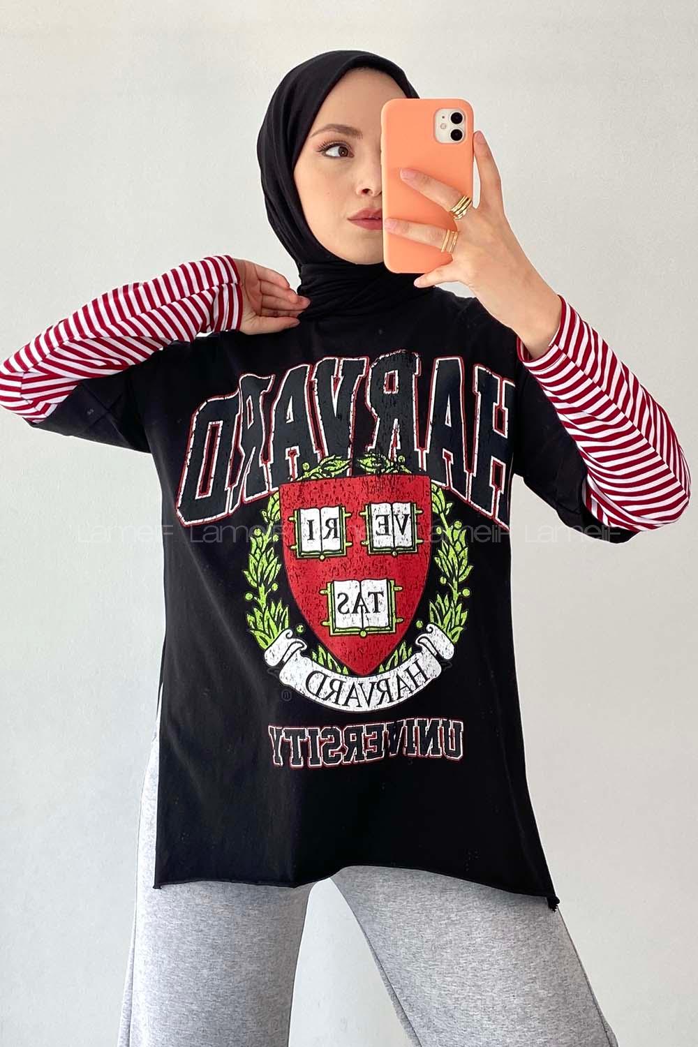 Modalamelif  Harvard Baskılı Bisiklet Yaka T-Shirt Siyah