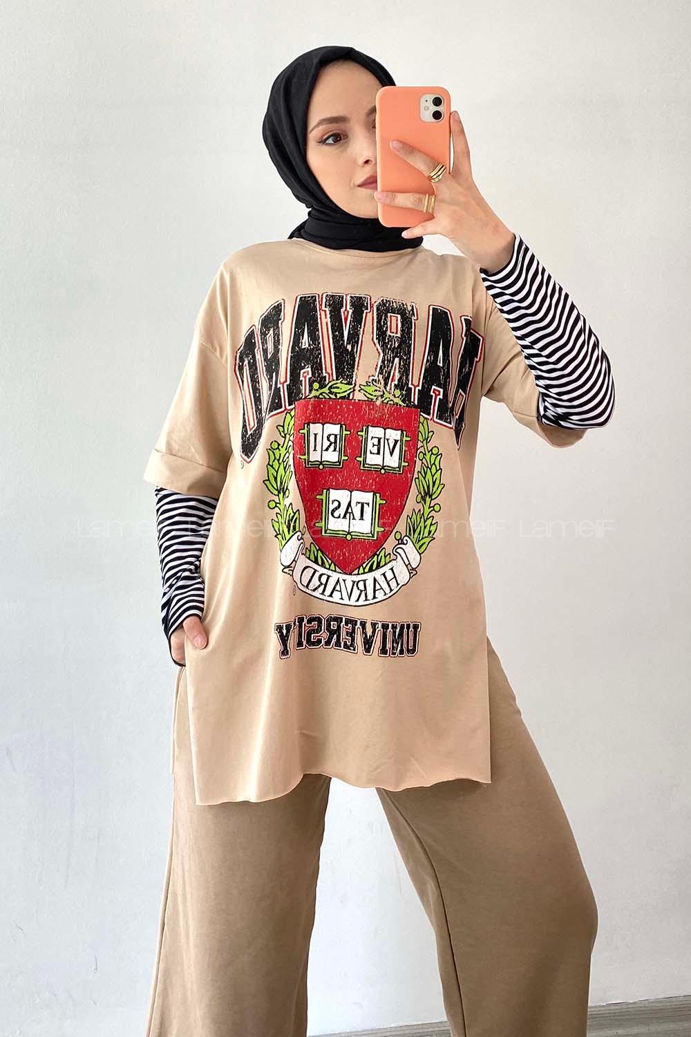Modalamelif  Harvard Baskılı Bisiklet Yaka T-Shirt Sütlü Kahve