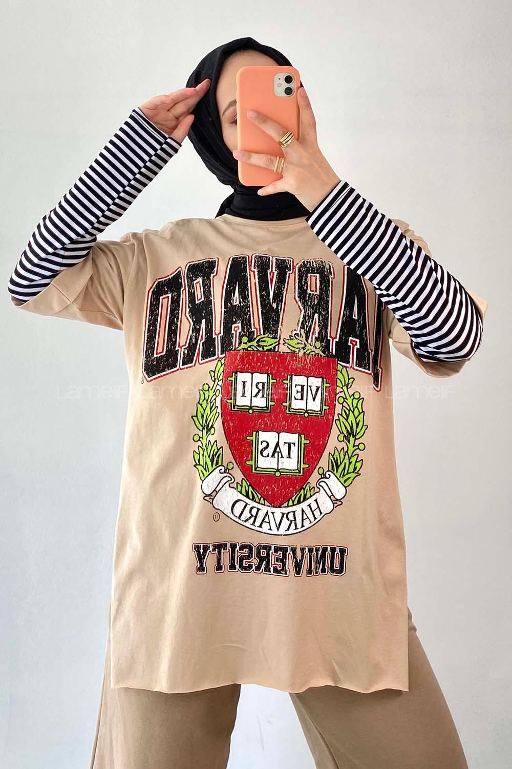 Modalamelif  Harvard Baskılı Bisiklet Yaka T-Shirt Sütlü Kahve