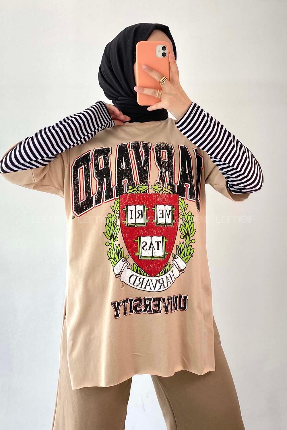 Modalamelif  Harvard Baskılı Bisiklet Yaka T-Shirt Sütlü Kahve