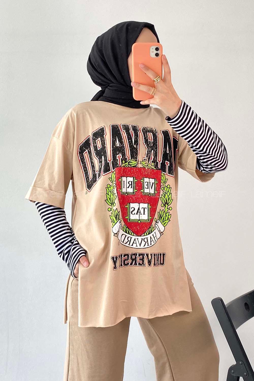 Modalamelif  Harvard Baskılı Bisiklet Yaka T-Shirt Sütlü Kahve