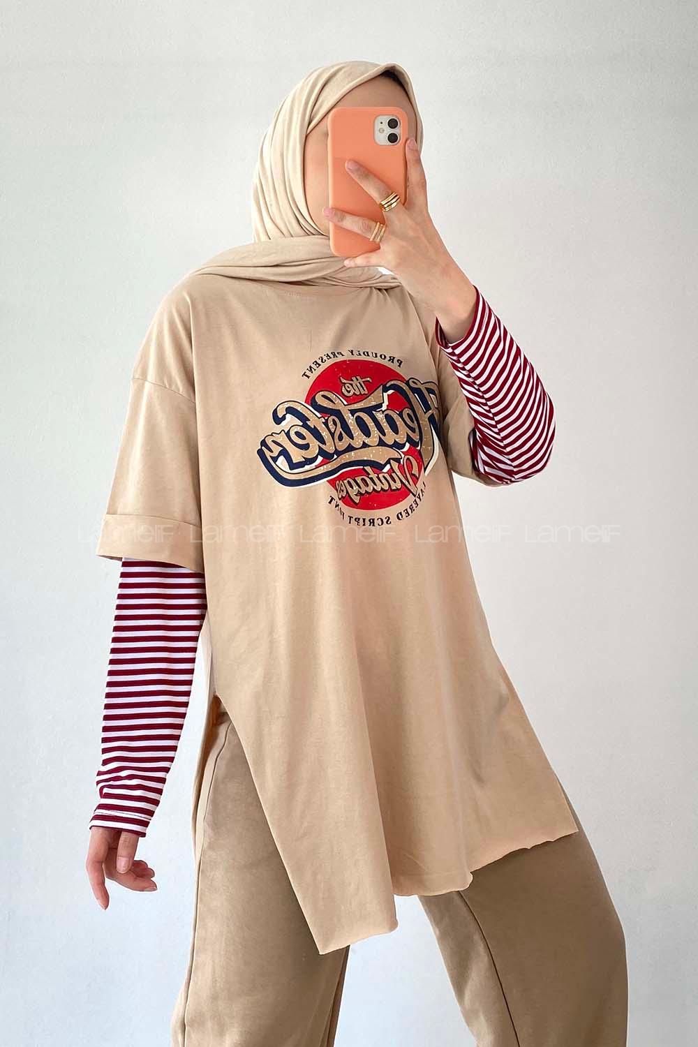 Modalamelif  Headster Baskılı Bisiklet Yaka T-Shirt Bej