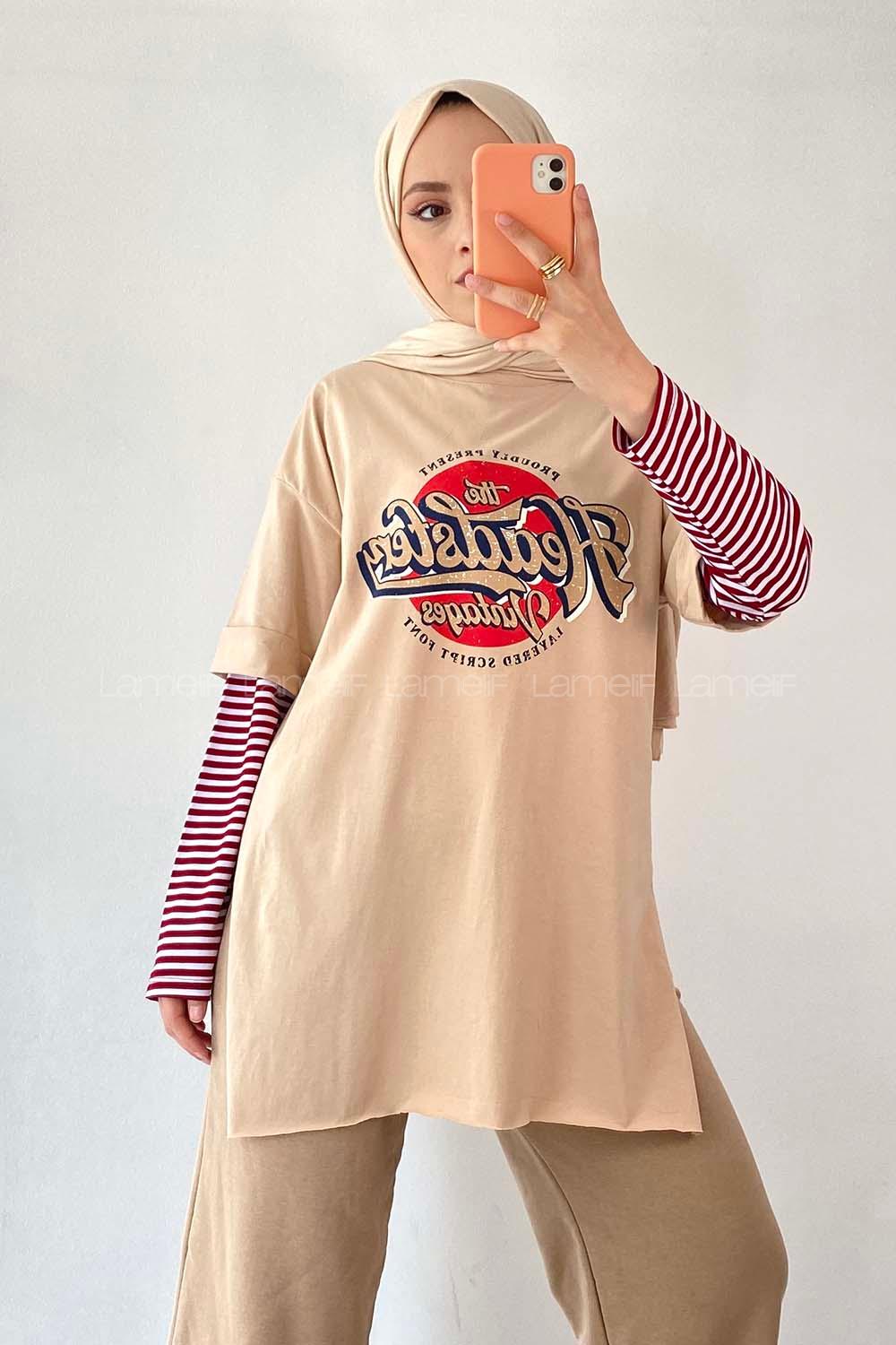 Modalamelif  Headster Baskılı Bisiklet Yaka T-Shirt Bej