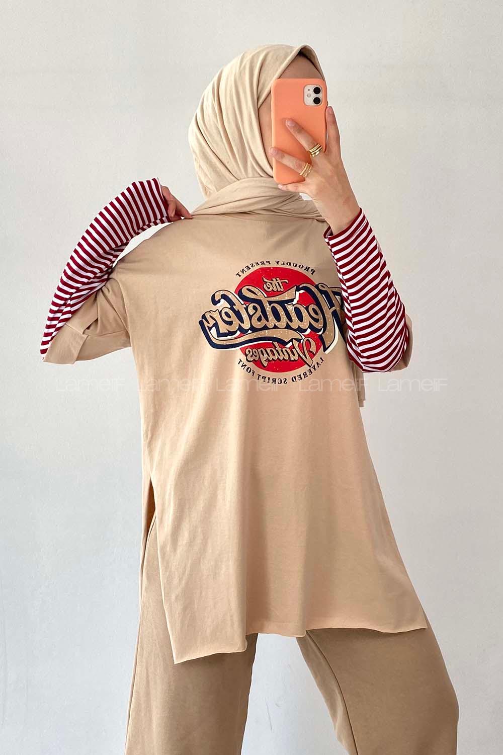 Modalamelif  Headster Baskılı Bisiklet Yaka T-Shirt Bej