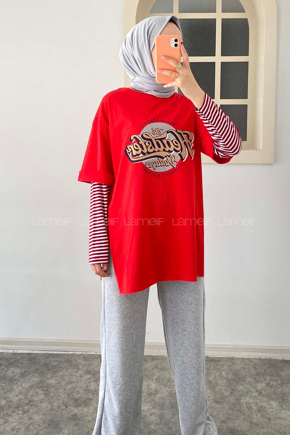 Modalamelif  Headster Baskılı Bisiklet Yaka T-Shirt Kırmızı