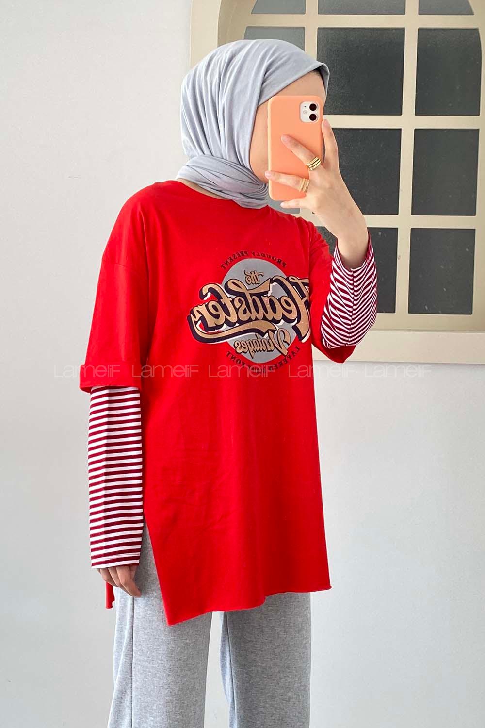 Modalamelif  Headster Baskılı Bisiklet Yaka T-Shirt Kırmızı