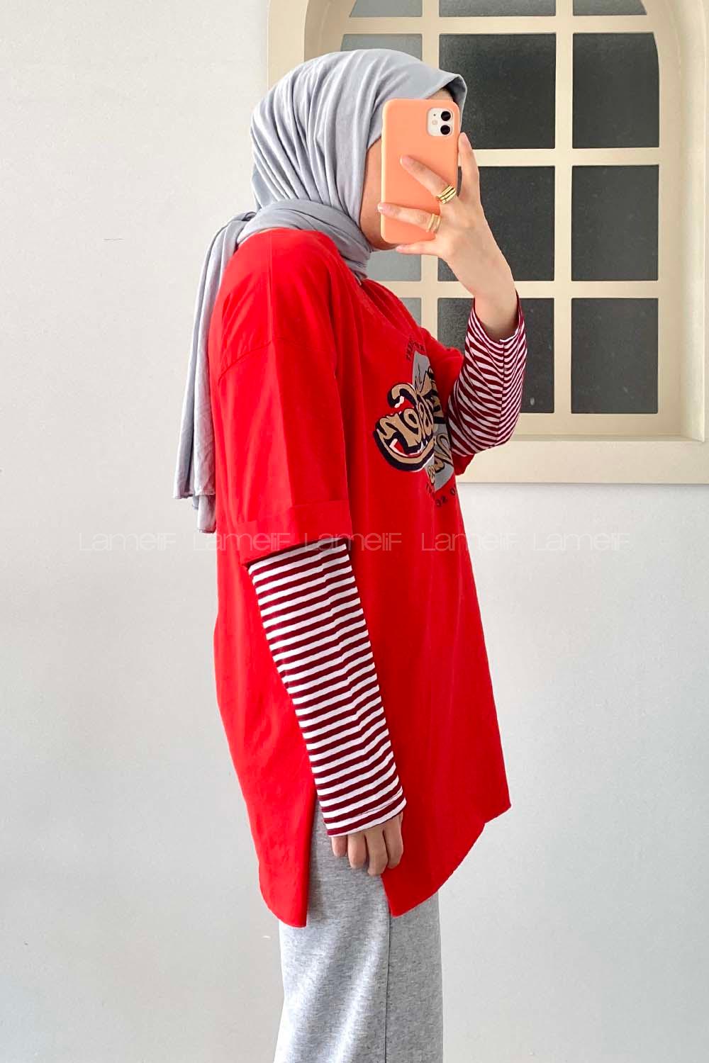 Modalamelif  Headster Baskılı Bisiklet Yaka T-Shirt Kırmızı