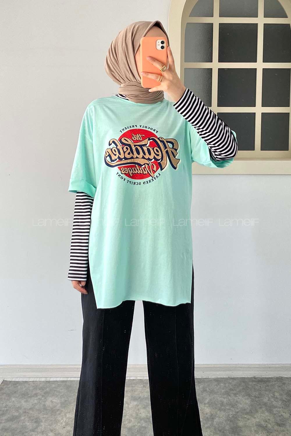 Modalamelif  Headster Baskılı Bisiklet Yaka T-Shirt Mint