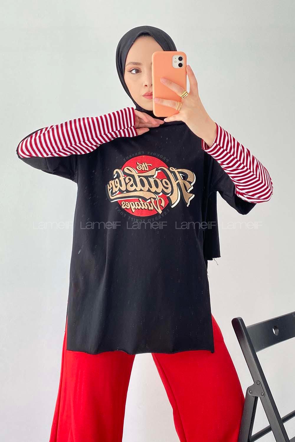 Modalamelif  Headster Baskılı Bisiklet Yaka T-Shirt Siyah