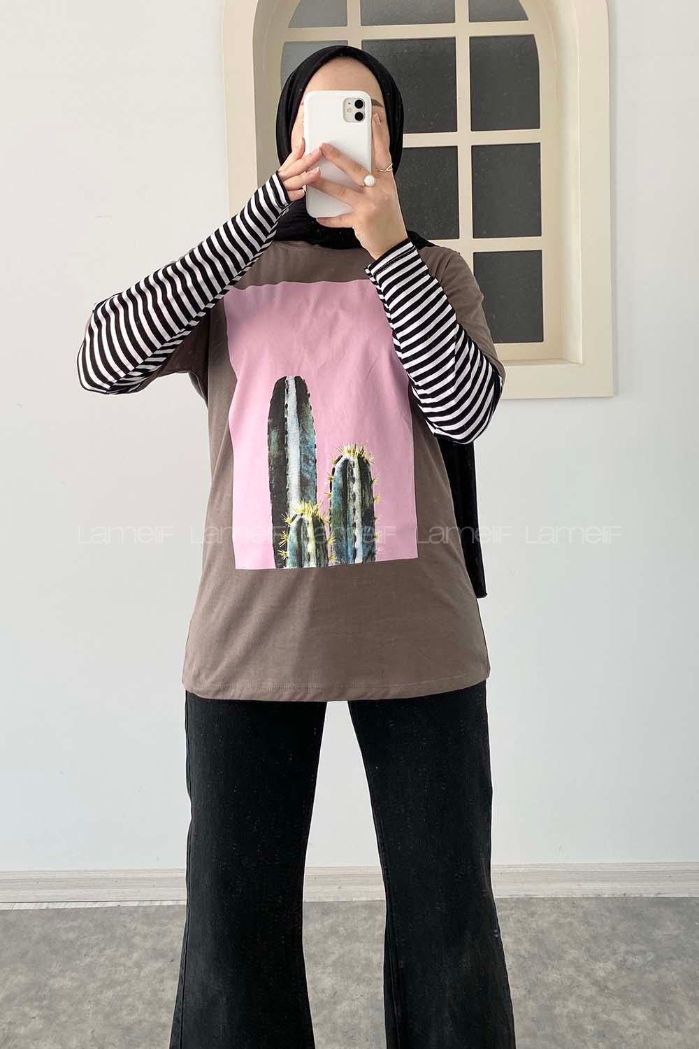 Modalamelif Kaktüs BaskılI Oversize T-Shirt Kahve
