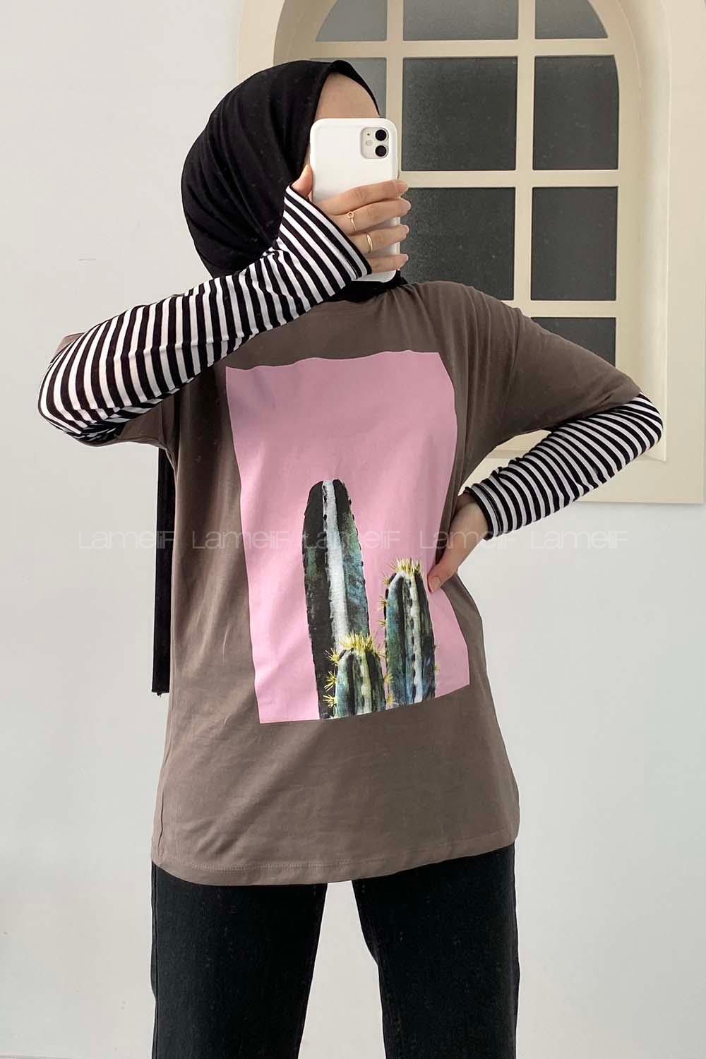 Modalamelif Kaktüs BaskılI Oversize T-Shirt Kahve