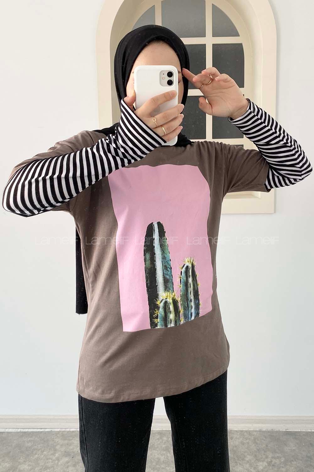 Modalamelif Kaktüs BaskılI Oversize T-Shirt Kahve