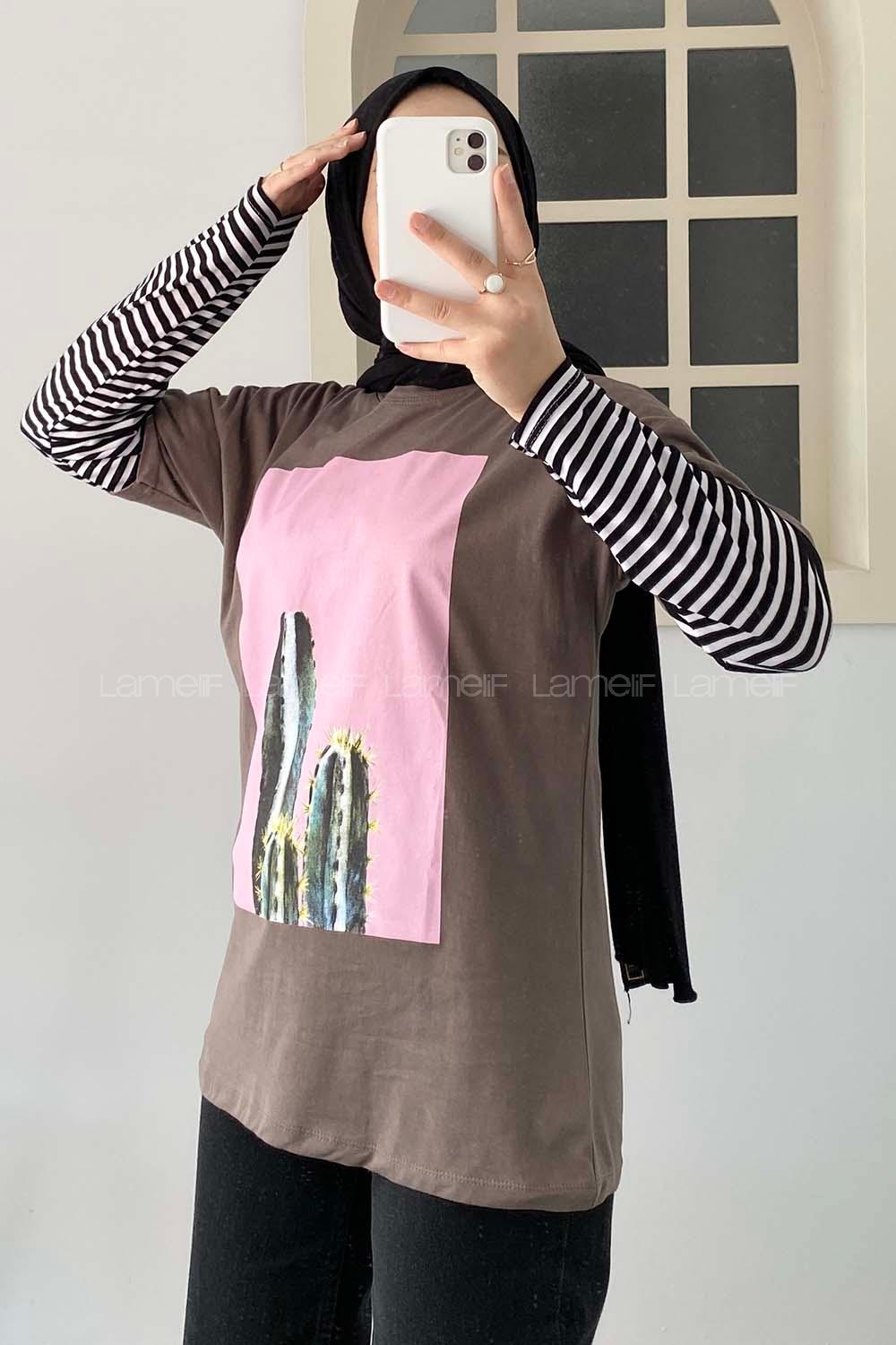 Modalamelif Kaktüs BaskılI Oversize T-Shirt Kahve