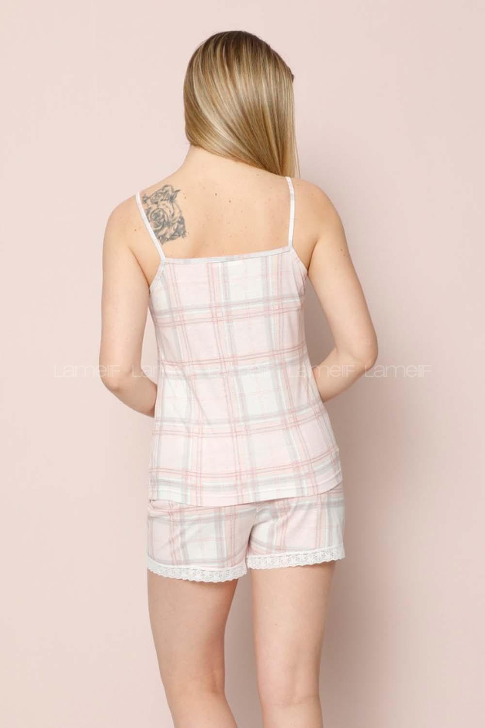 Modalamelif Kare Çizgi Desenli Askılı Şortlu Takımı Ekru-Pudra