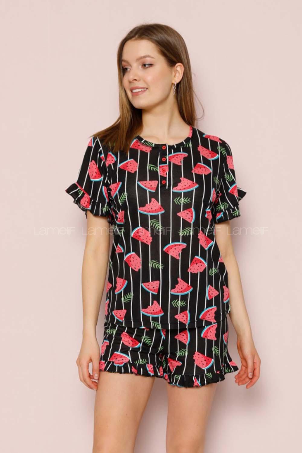 Modalamelif Karpuz Desenli Şortlu Takım Siyah
