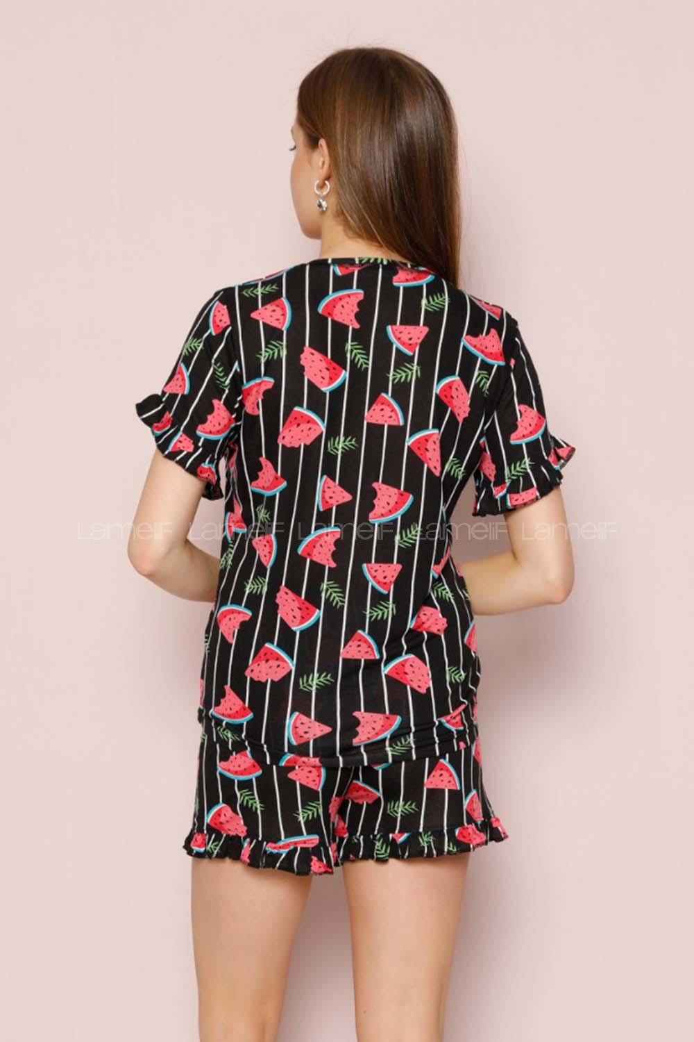 Modalamelif Karpuz Desenli Şortlu Takım Siyah
