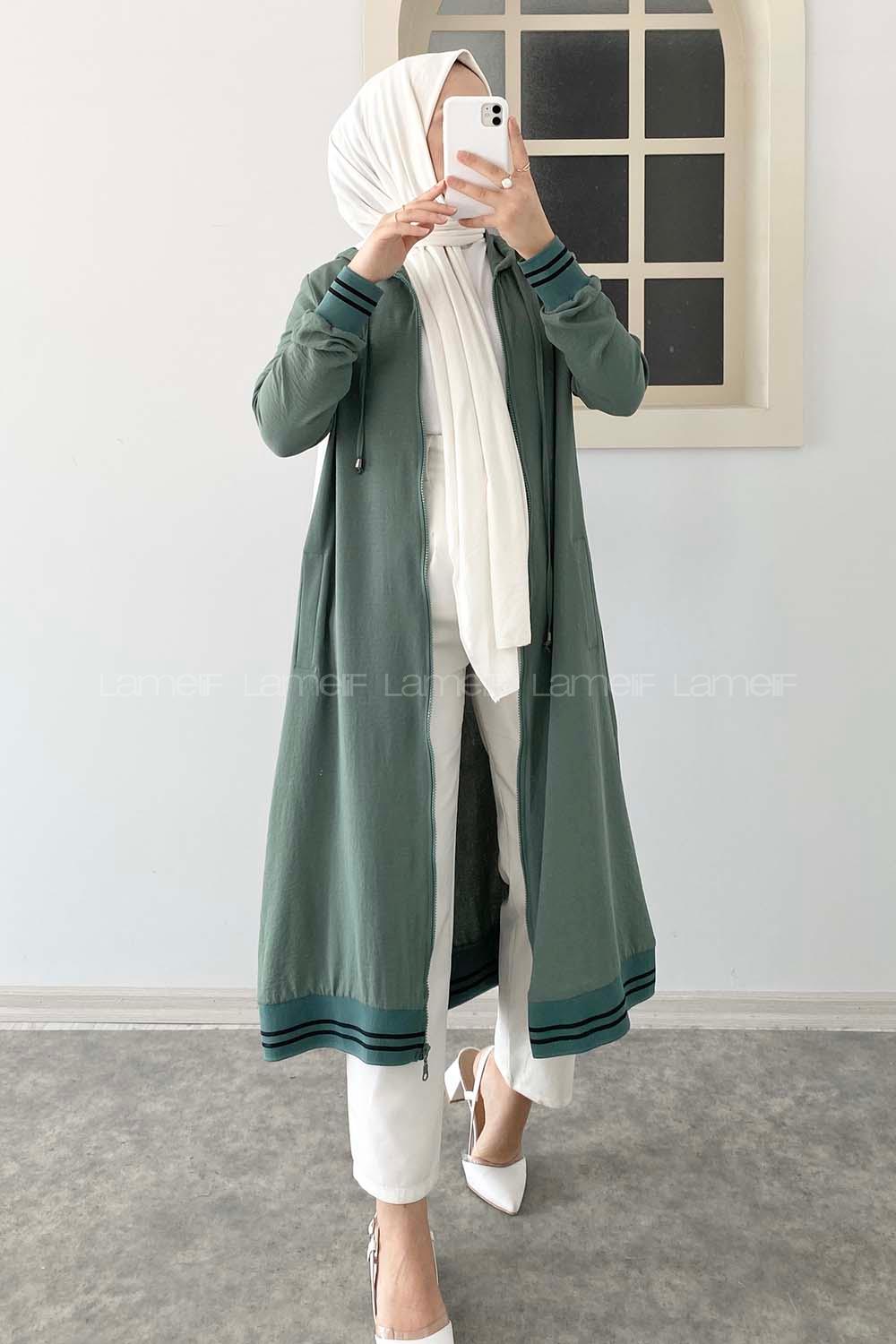 Modalamelif Kol ve Etek Lastikli Önü Fermuarlı Kapüşonlu Tunik Çağla Yeşili