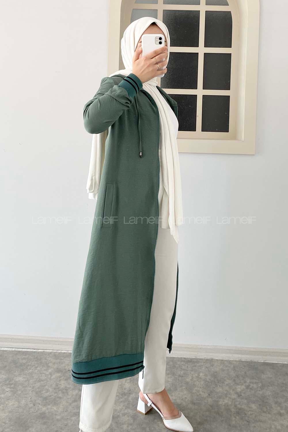 Modalamelif Kol ve Etek Lastikli Önü Fermuarlı Kapüşonlu Tunik Çağla Yeşili