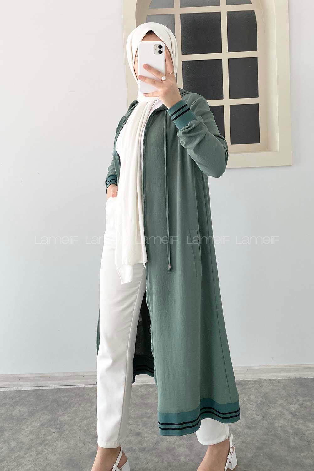 Modalamelif Kol ve Etek Lastikli Önü Fermuarlı Kapüşonlu Tunik Çağla Yeşili