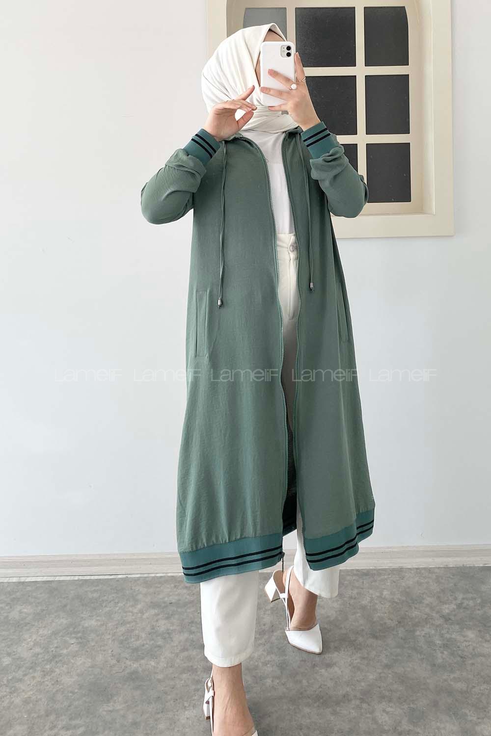 Modalamelif Kol ve Etek Lastikli Önü Fermuarlı Kapüşonlu Tunik Çağla Yeşili